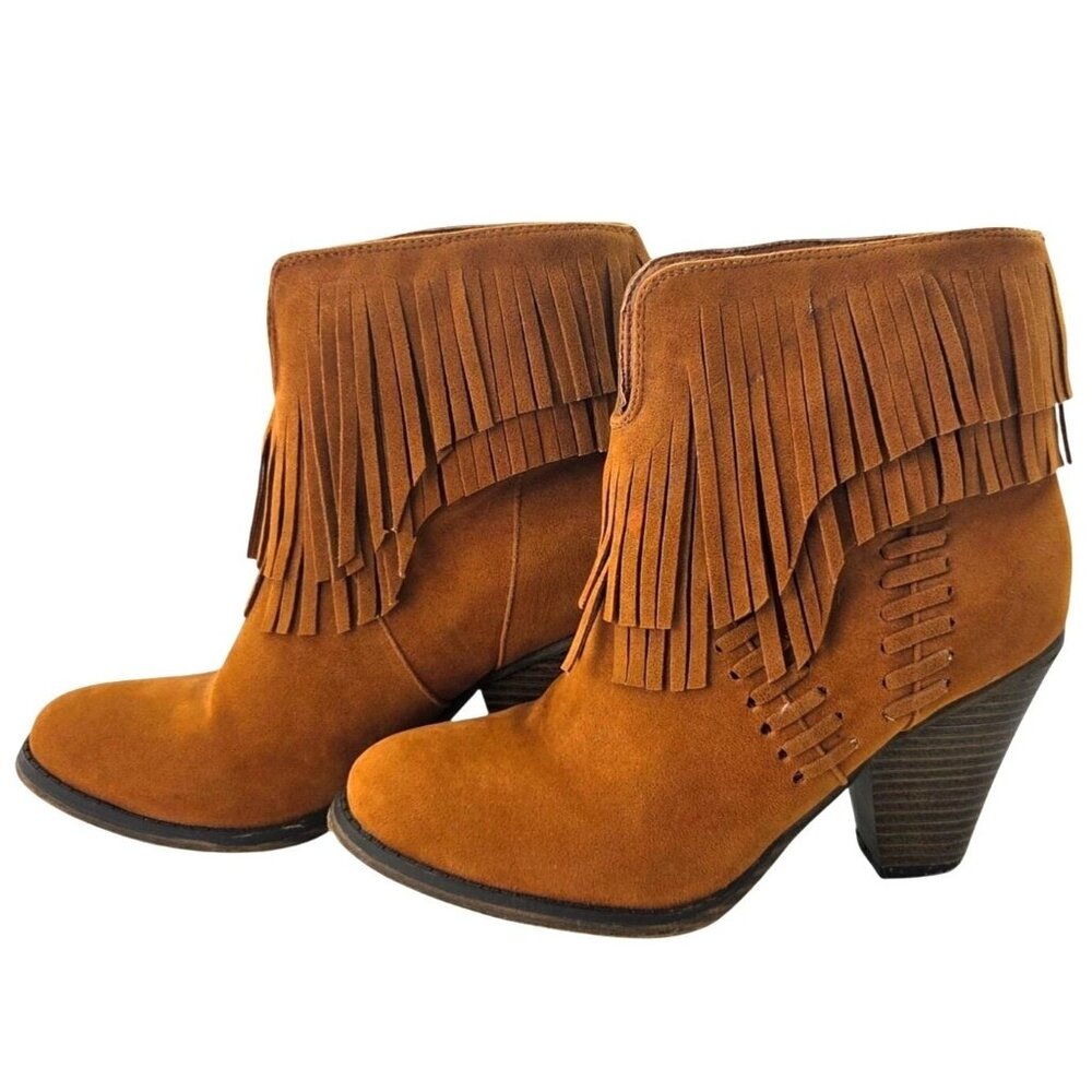 Nature Breeze Tan Faux Suede Double Fringe  Dallas 03 Western Ankle Boots Sz 9 - Picture 3 of 7